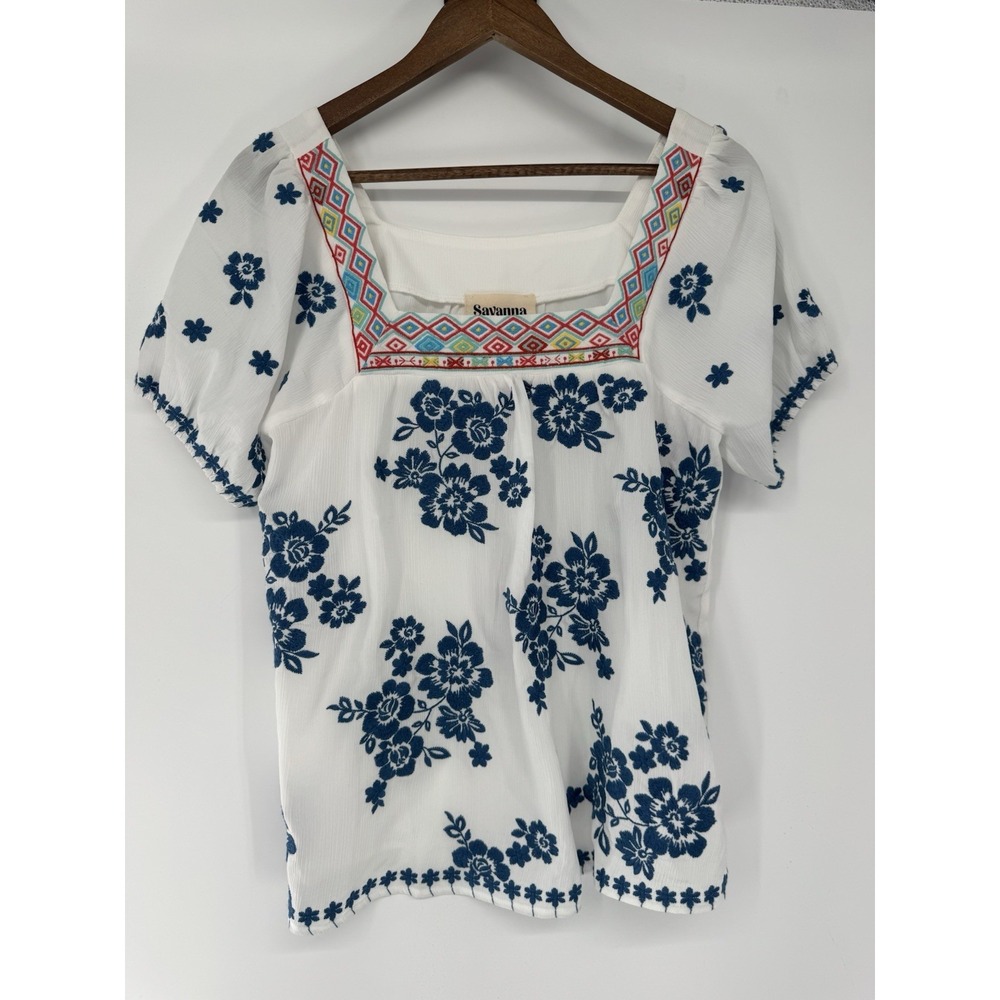 Savanna Jane blue Floral Embroidered Short Sleeve Boho Sheer‎ Festival Party S